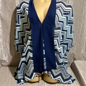 Ruby Ribbon Sheer Cardigan Top White Navy Blue Chevron Print One Size